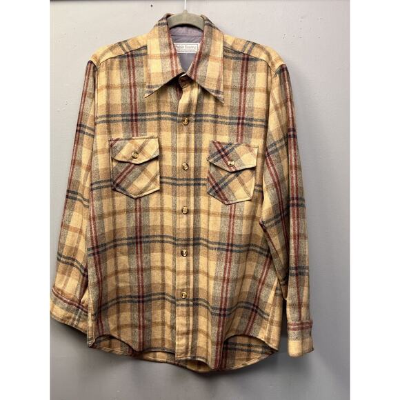 Philip Scott Inc Vintage shirt mens Medium Tan Button front Wool Plaid Pockets - Picture 1 of 9